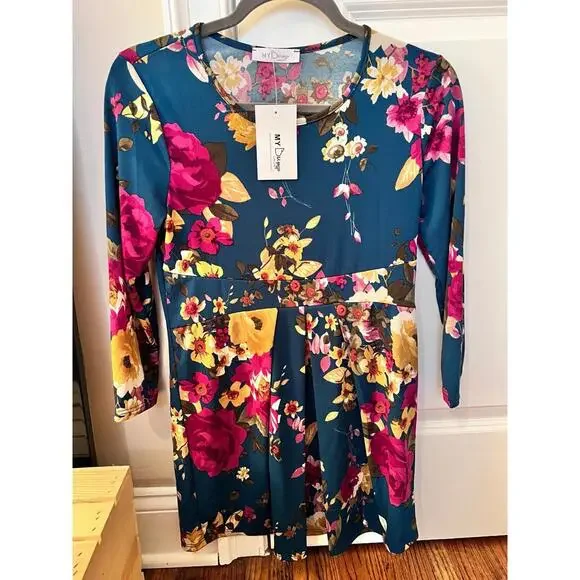 My Bump - Maternity Teal & Floral 3/4 Sleeve Pleated Top (Small)*BRAND NEW/NWT* - Picture 6 of 7